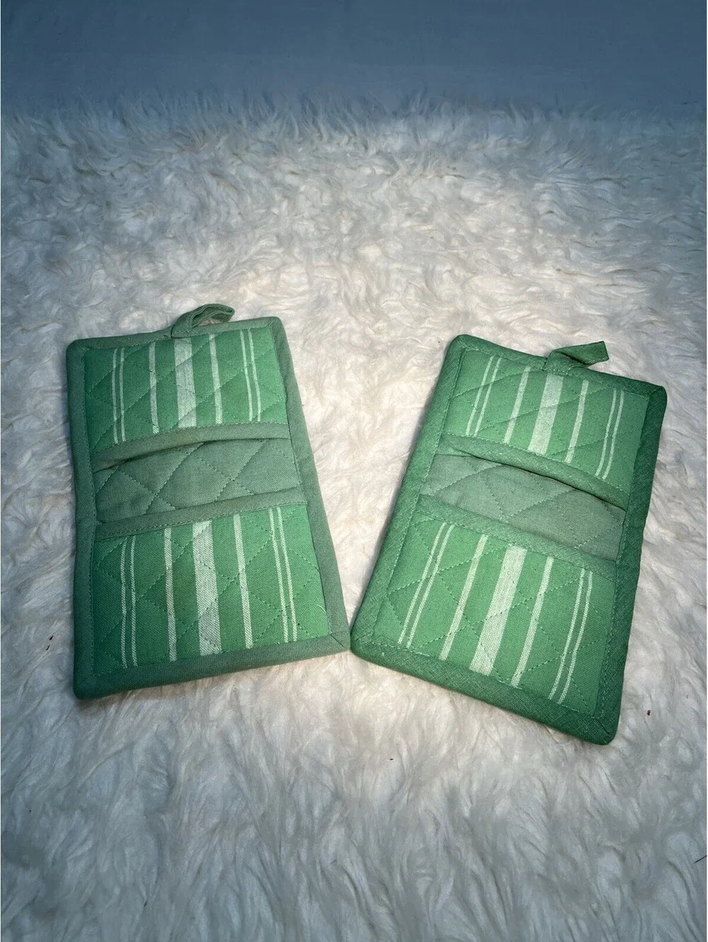 2 Green With White Stripes Pot Holders